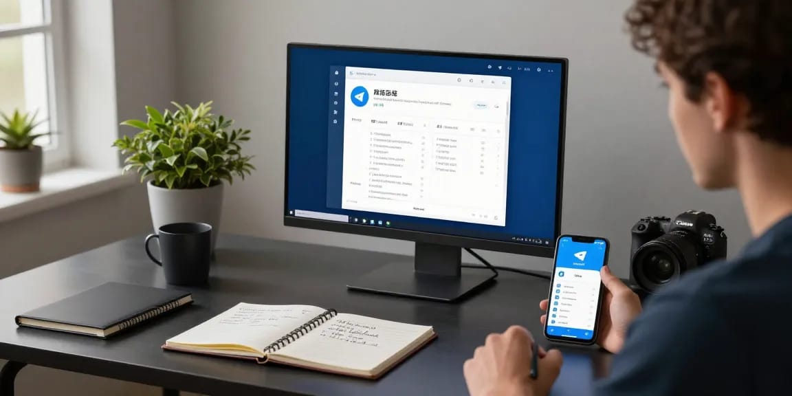 Adjusting Telegram Chinese settings on a modern desktop workspace with tech gadgets and notes.