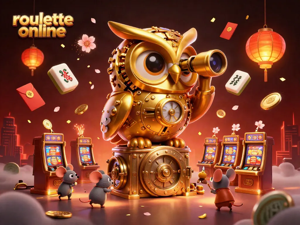 Experience roulettes online with a whimsical scene featuring a golden owl and mice amidst vibrant casino elements.