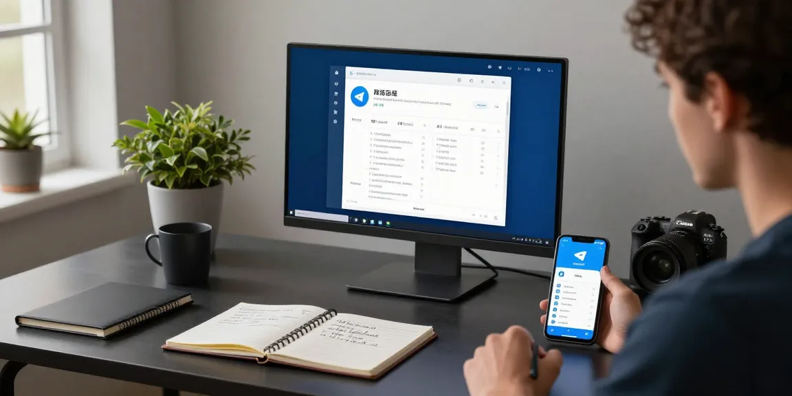Adjusting Telegram Chinese settings on a modern desktop workspace with tech gadgets and notes.