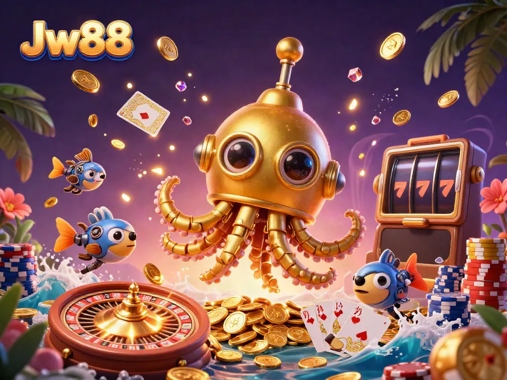 Experience the excitement of Jw88 with this vibrant 3D depiction of a golden kraken submarine and casino elements.