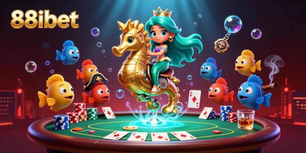 Engage in thrilling poker action with 88ibet featuring a mermaid princess and a majestic seahorse.