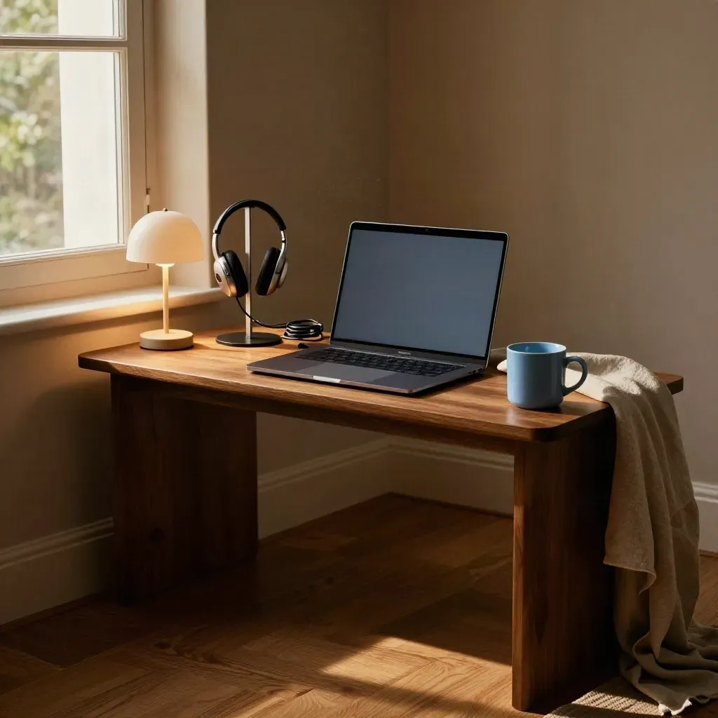 Quiet telehealth nook with laptop, headset stand, lamp, mug, and warm window light.
