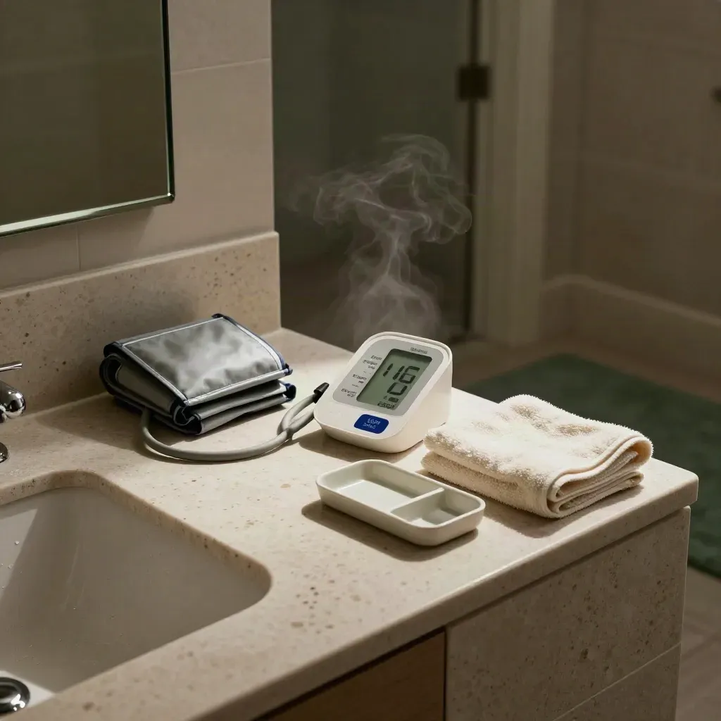 Bathroom counter with blood-pressure monitor, cuff case, pill tray, towel and soft steam