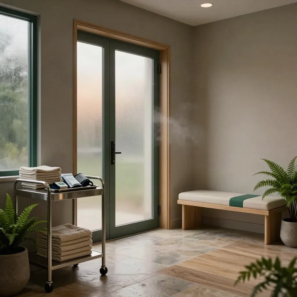 Moody clinic entry hall with frosted doors, bench, linen cart, vitals tray and ferns in morning light.