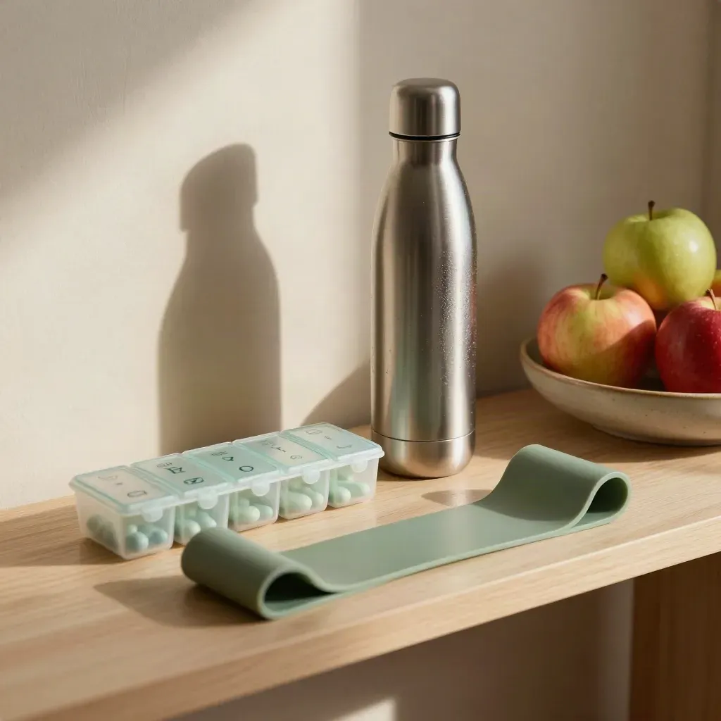 Pill organizer, reusable bottle, resistance band, and apples on a pale wood wellness shelf.