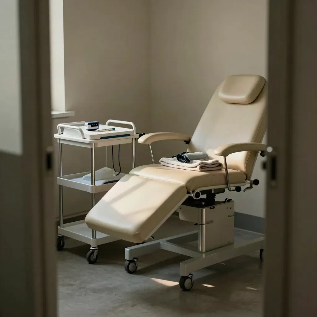 Clinic screening bay with vitals cart, cuff, oximeter and exam chair in moody daylight