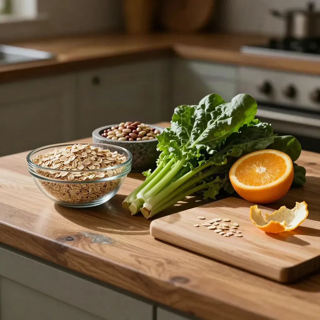 Oats, citrus, greens, and beans arranged on a warm kitchen counter in daylight.