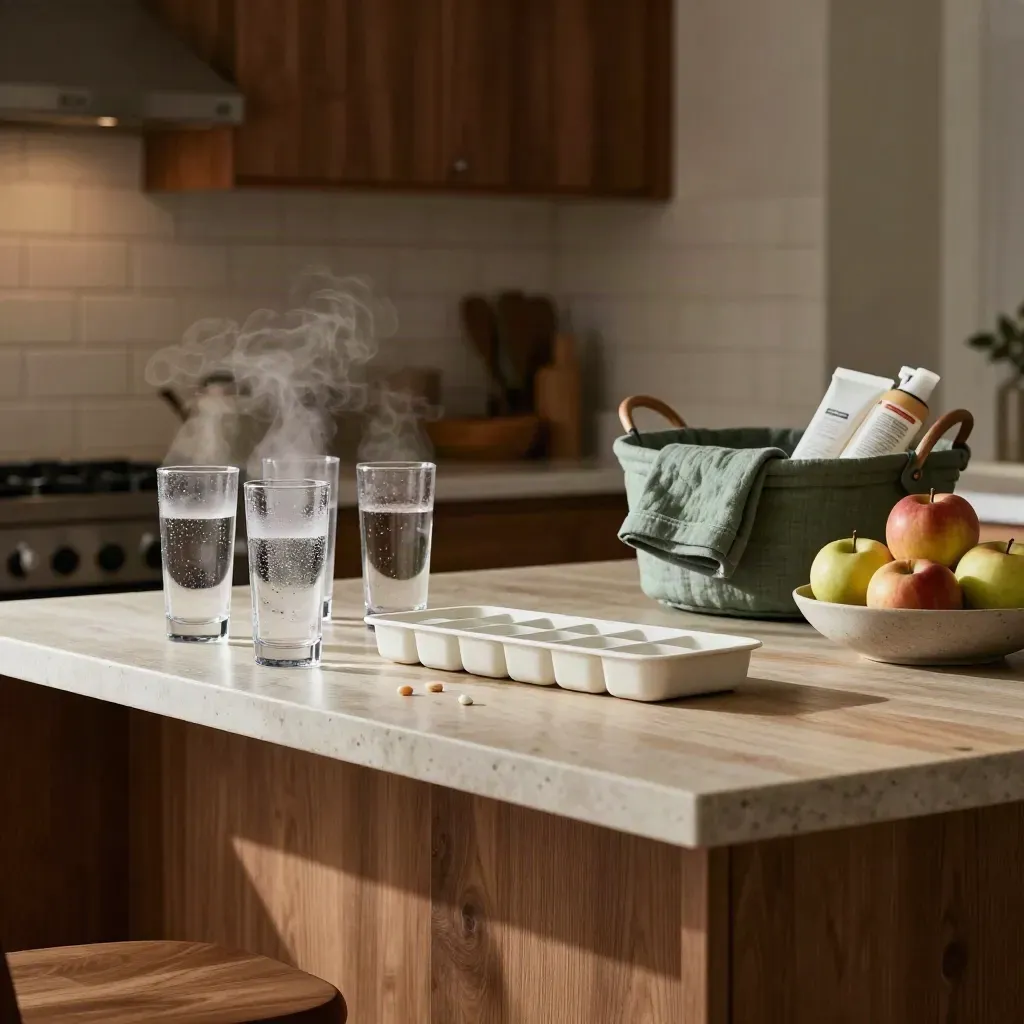 Toronto townhouse kitchen island with water glasses, pill tray, apples, basket, and kettle steam.