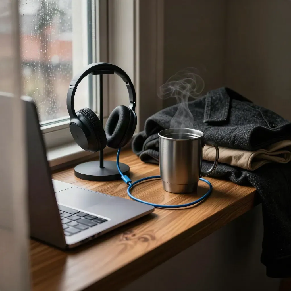 Ottawa apartment care nook with a closed laptop, headset stand, mug, cable, and folded work jacket.