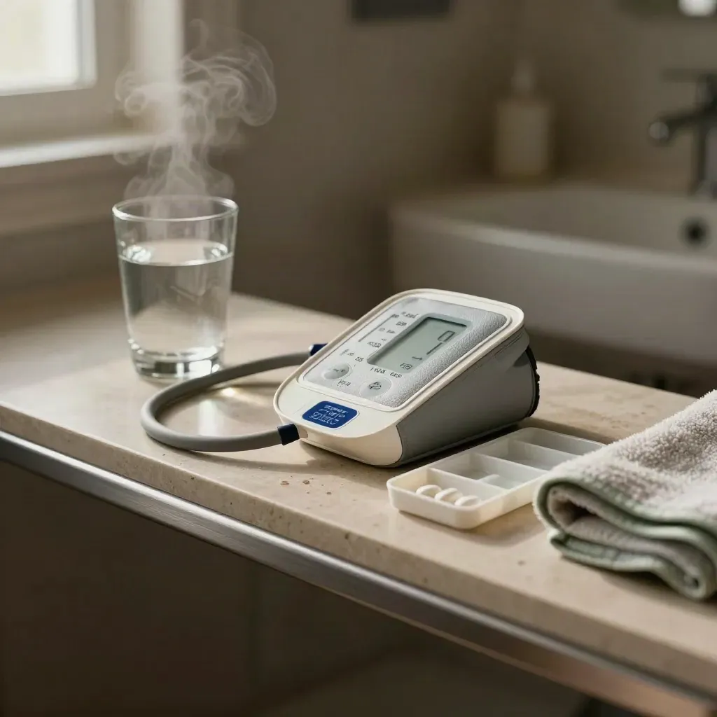 Blood-pressure cuff, water glass, pill tray and towel on a steamy bathroom shelf