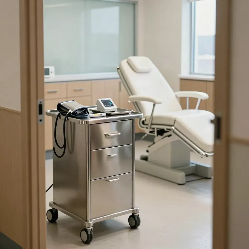 Calgary clinic screening room with vitals cart, exam chair, and daylight through an open doorway.