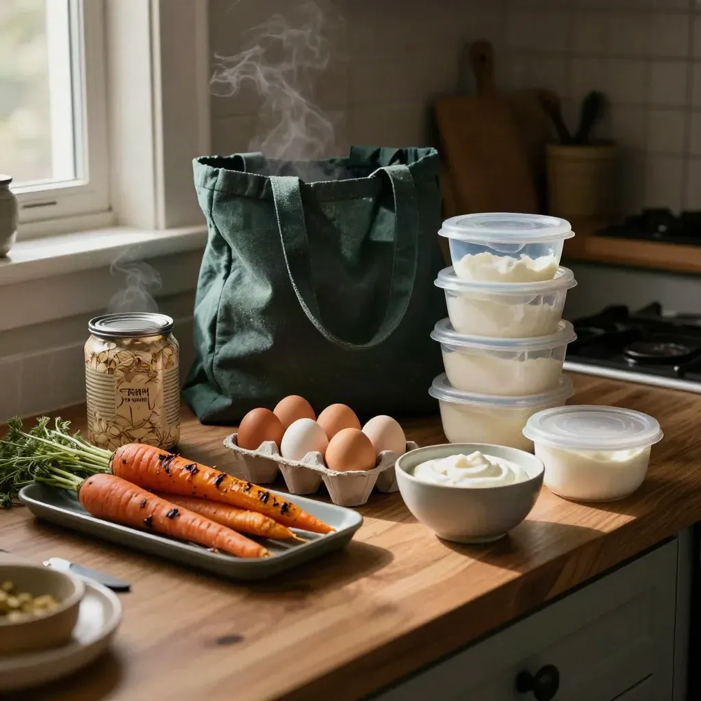 Meal-prep kitchen counter with oats, roasted vegetables, eggs, yogurt, and containers