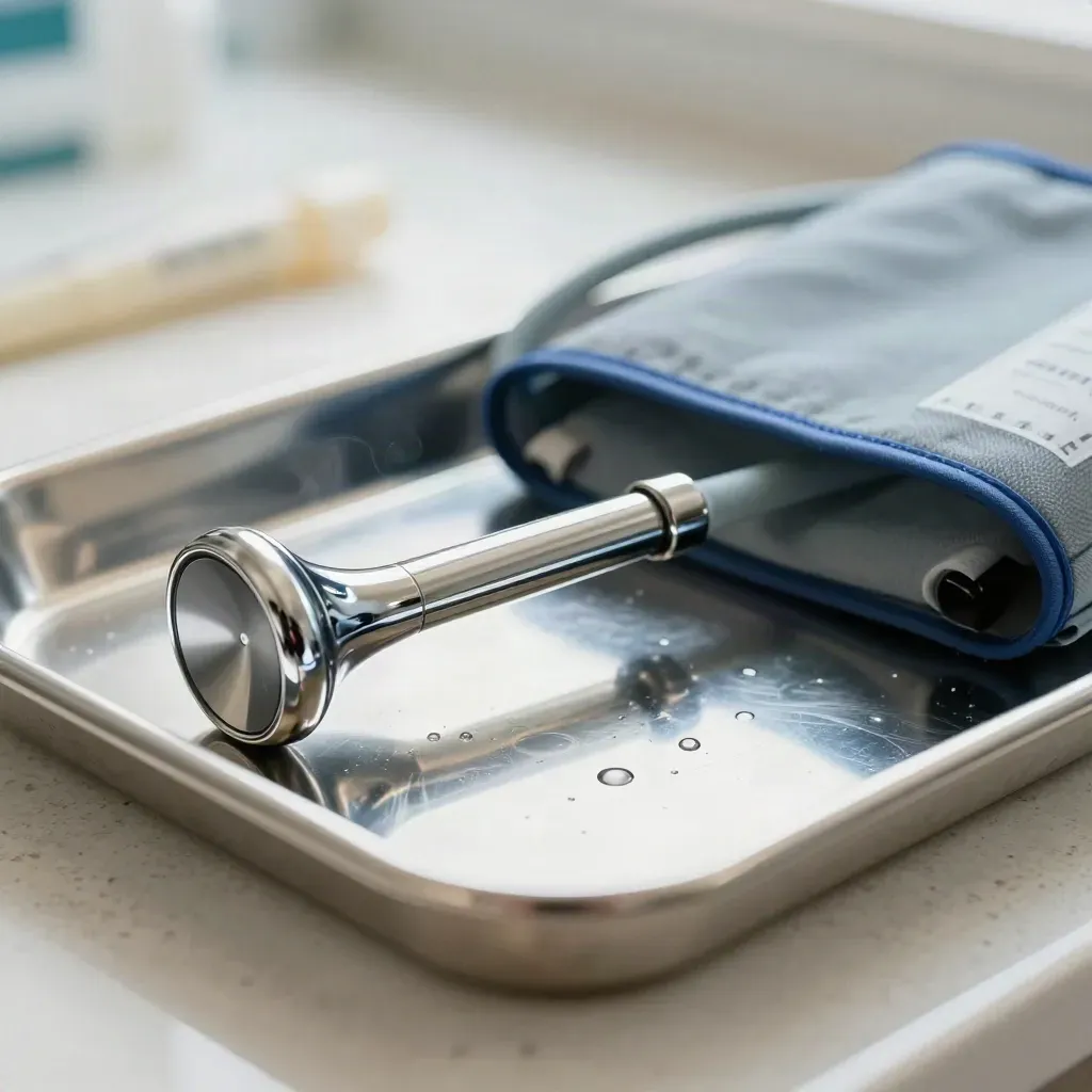 Macro of family physician exam tools on a stainless tray with soft blue tubing and travertine tones