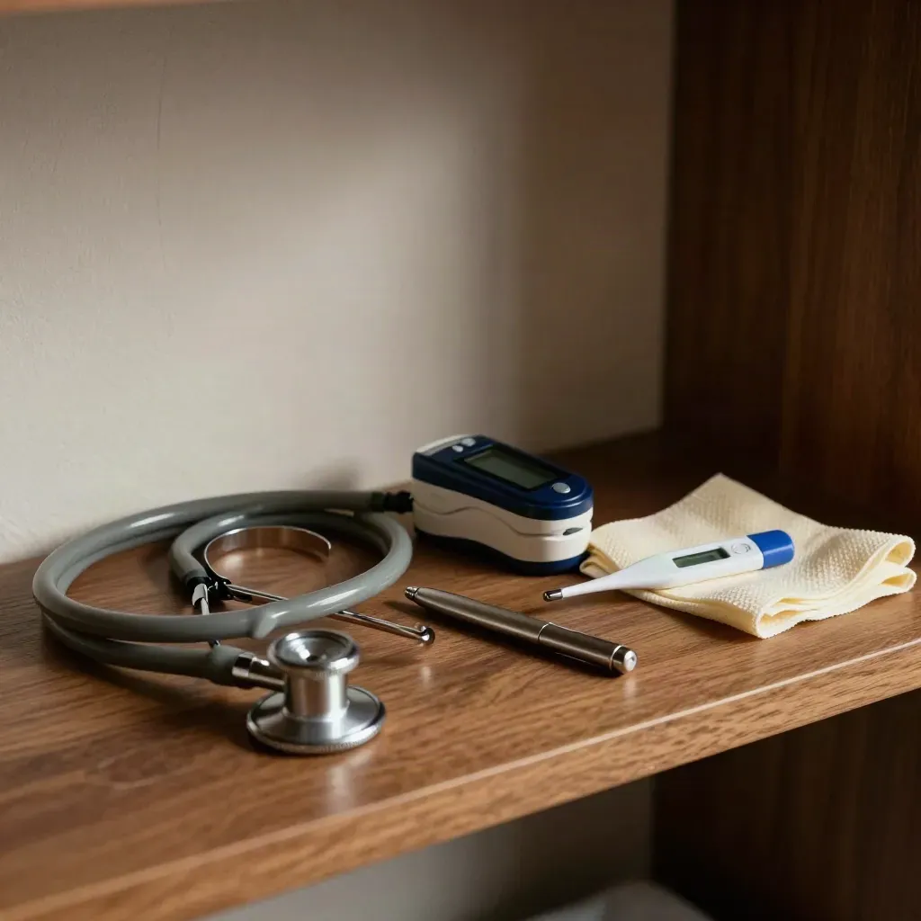 Nurse practitioner tools on a dim clinic shelf: stethoscope, pulse oximeter, penlight, thermometer.