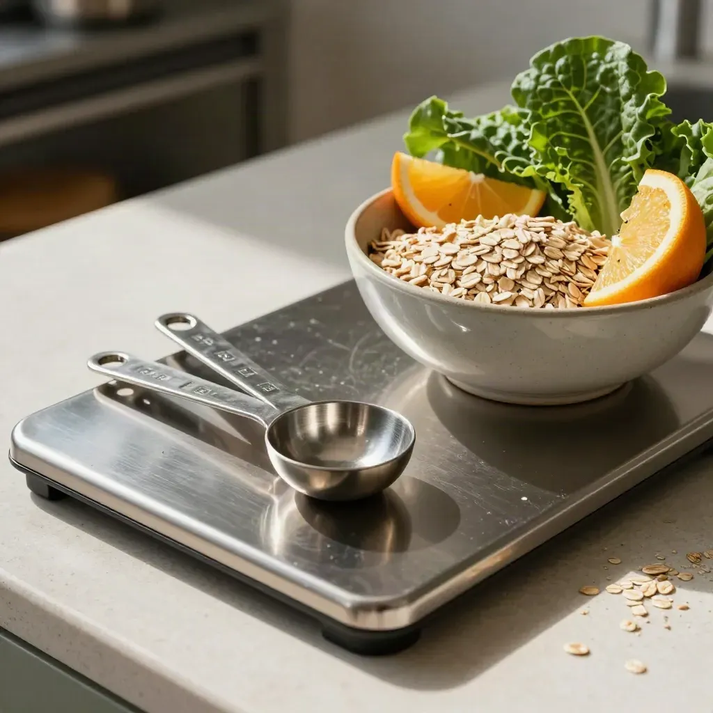 Stainless kitchen scale, spoons, oats, citrus, greens, and ceramic bowl on stone prep counter