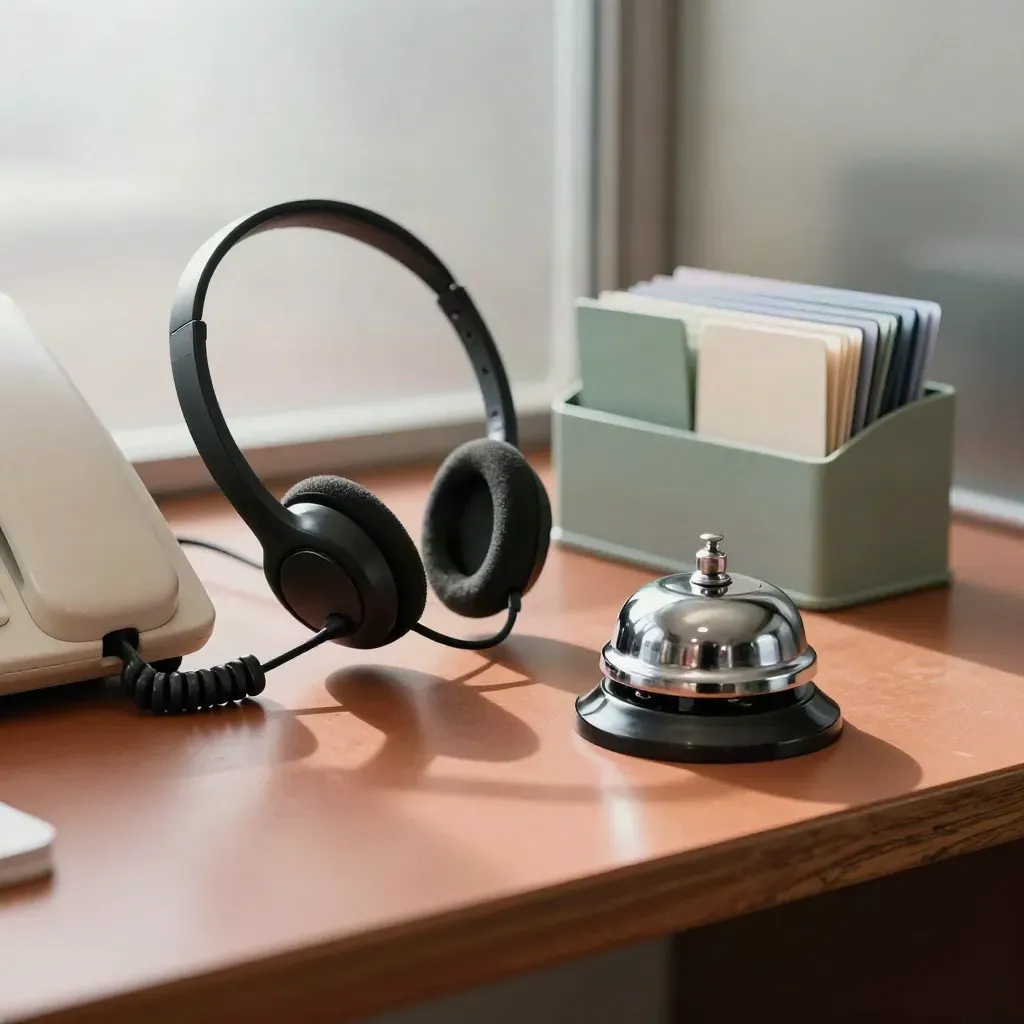 Headset, phone base, bell and tabbed card holder on a warm care-coordinator desk.