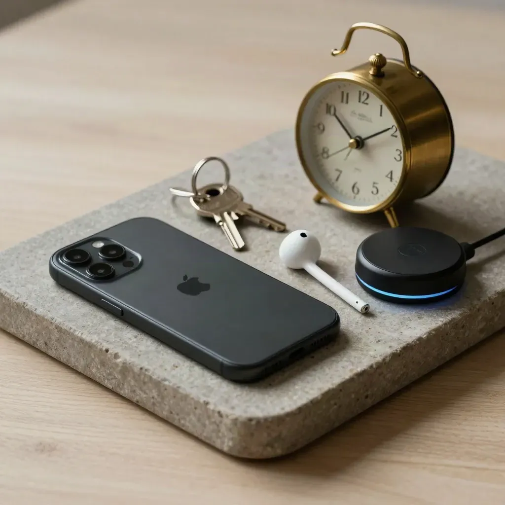 Face-down phone, brass clock, keys and earbuds on a stone tray beside a charging puck.