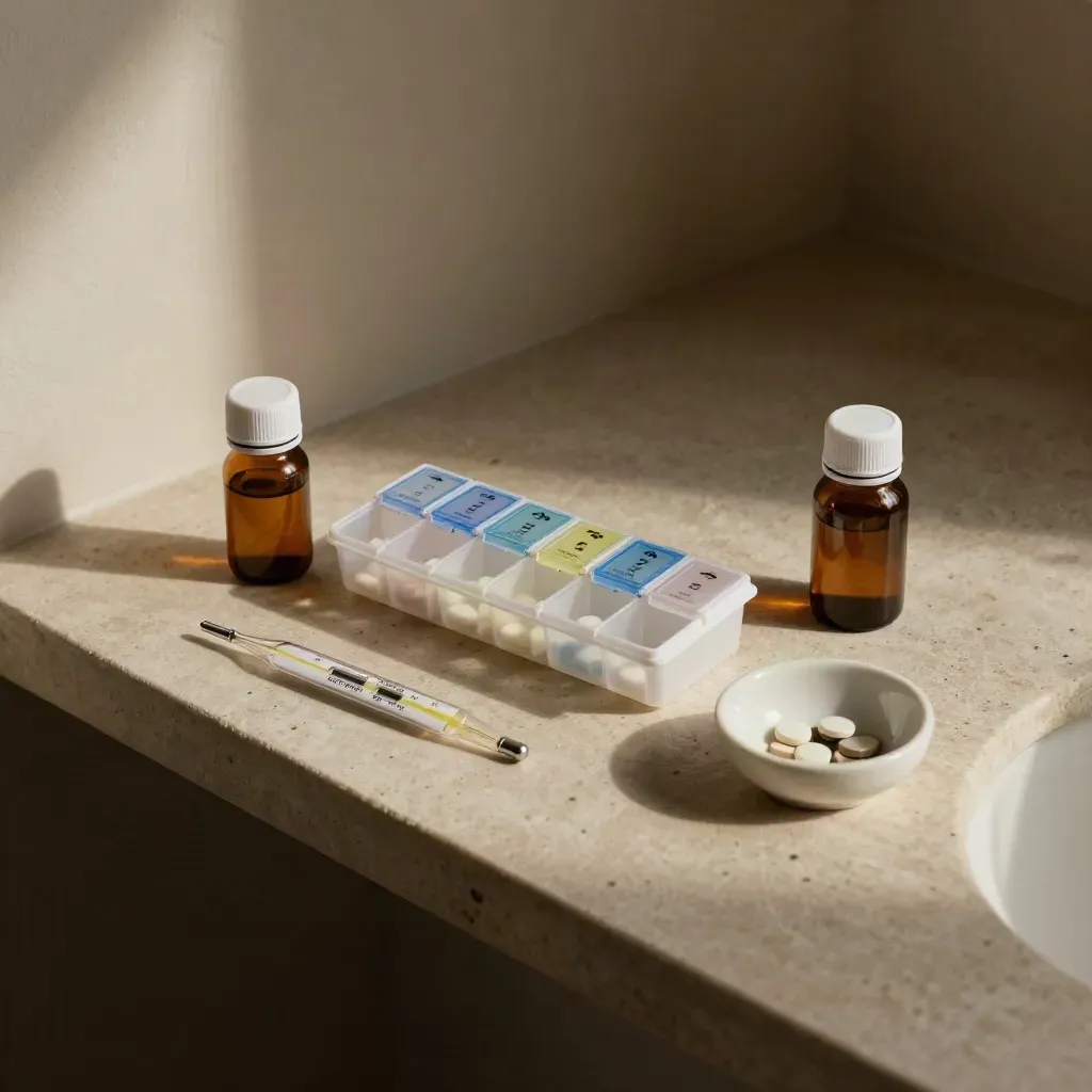 Pill organizer with medicine bottles, thermometer case, and ceramic catchall on a stone shelf.