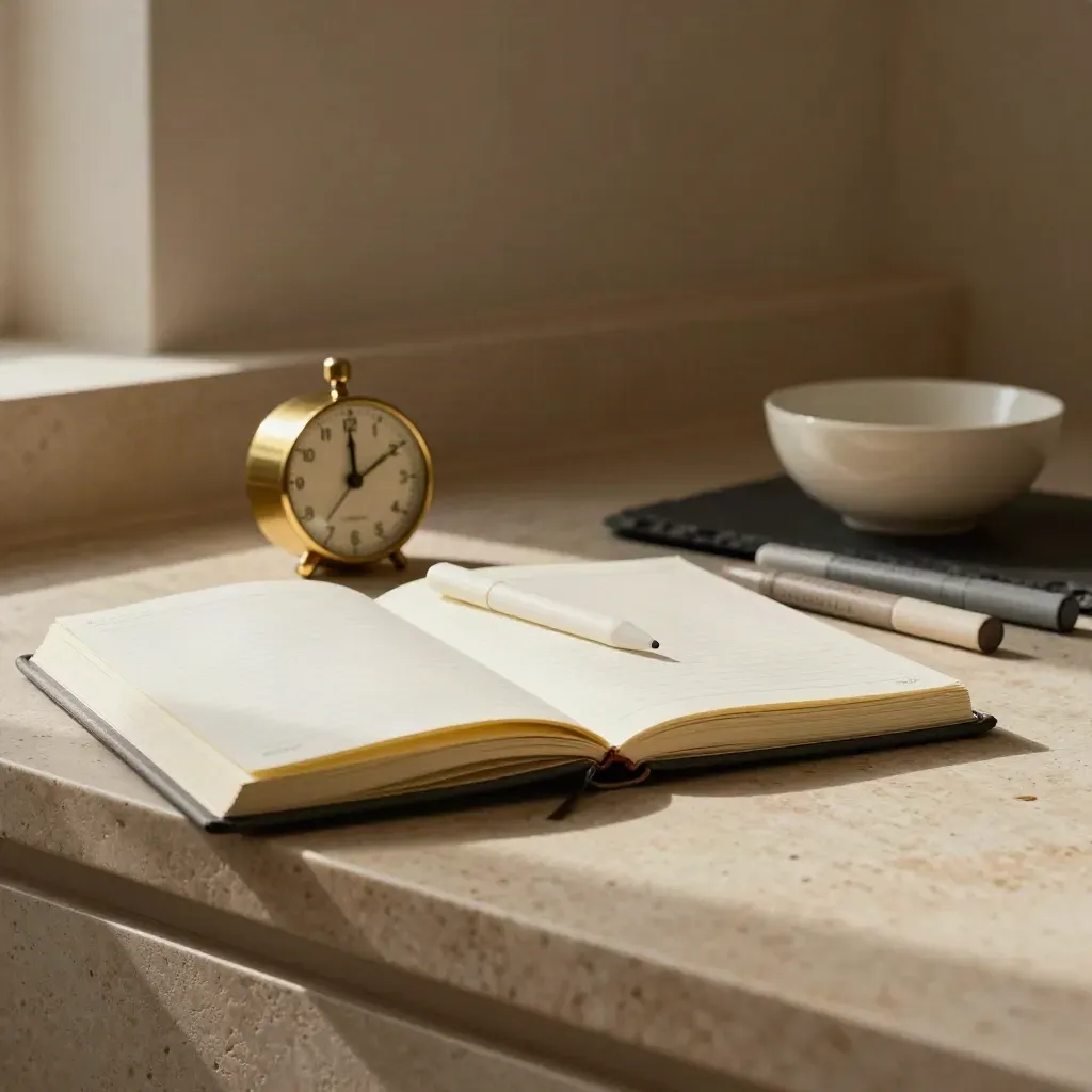 Closed planner, brass timer, three markers and a small bowl on a slate tray in soft side light.
