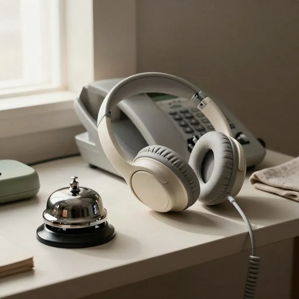 Cordless headset beside phone base, bell, and charger on a pale shelf in soft side light.