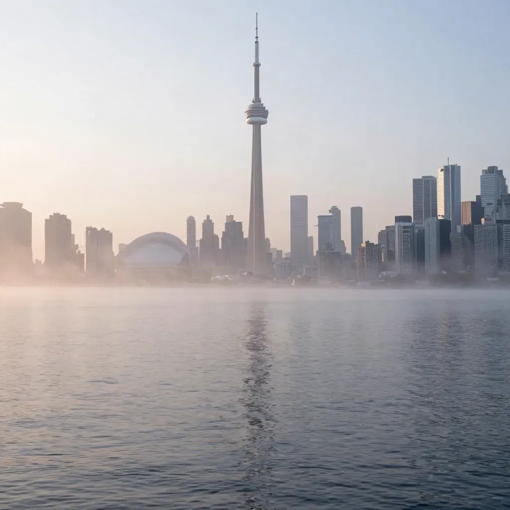 Toronto skyline and CN Tower above lake fog at sunrise, calm open water below