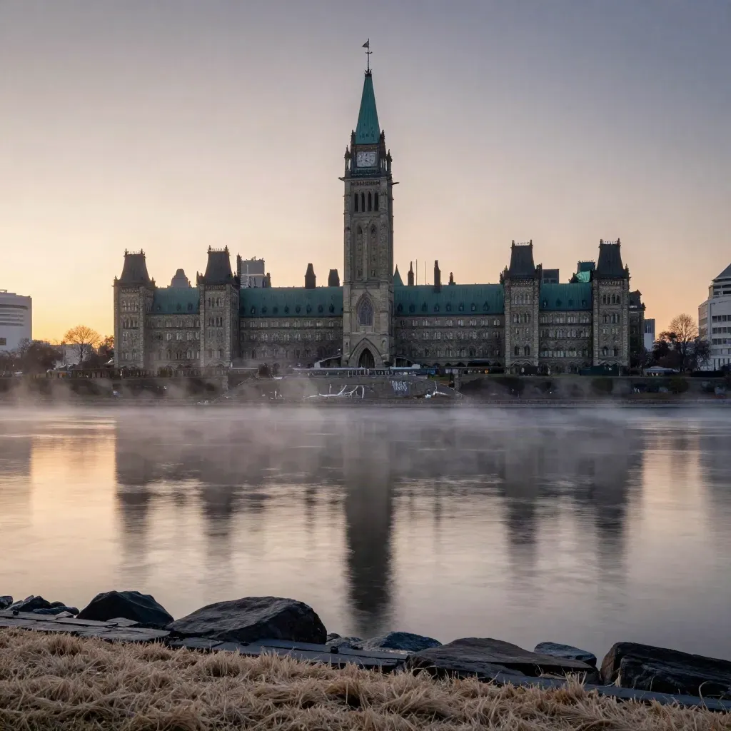 Parliament Hill over the Ottawa River at dawn with mist and empty foreground