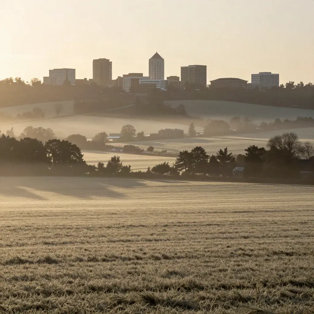 Misty Waterloo Region skyline above calm fields at first light