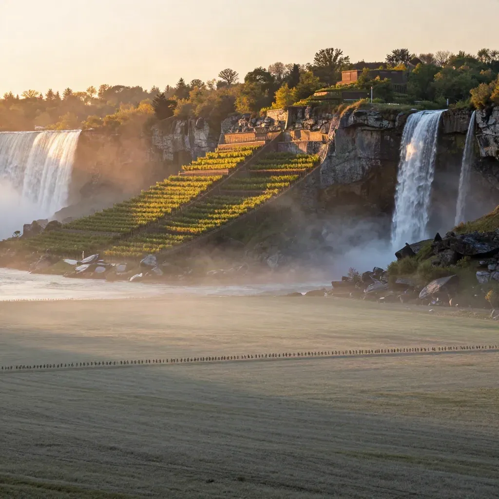 Golden Niagara escarpment with vineyard rows, waterfall mist, and open hazy field space.