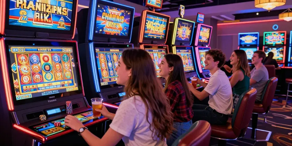 Teman-teman bersenang-senang bermain mesin slot apk slot dalam suasana kasino yang meriah.