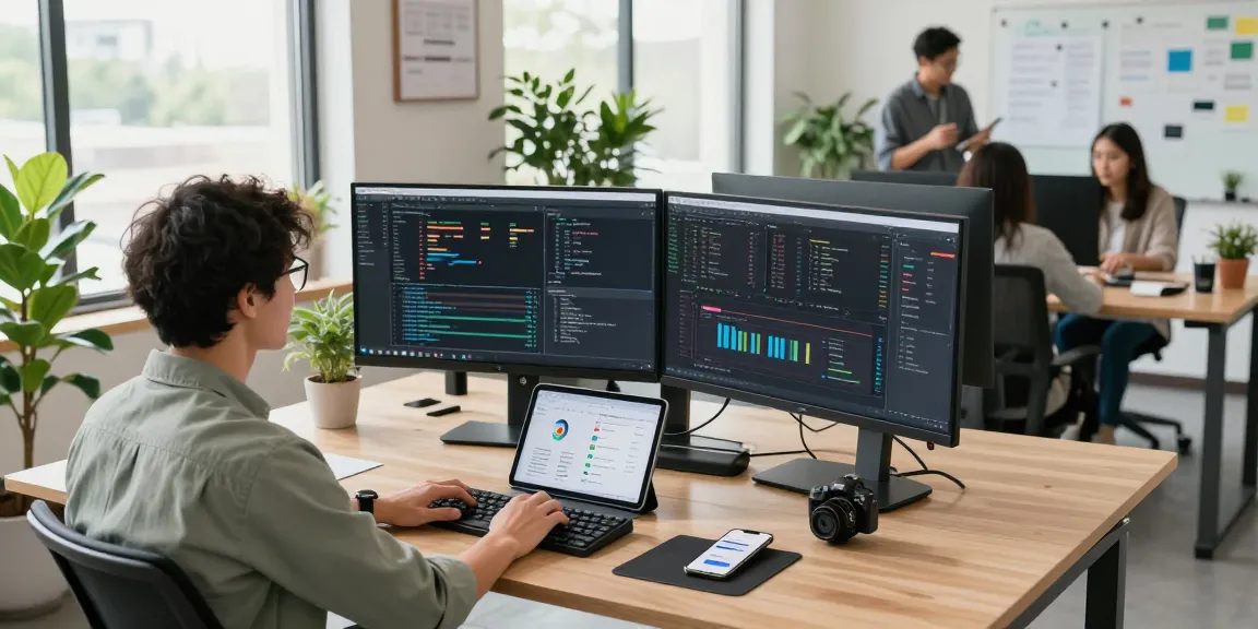 Dynamic tech workspace showcasing a developer at work analyzing software on multiple screens at the WPS Official Website.
