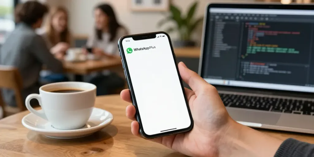 Smartphone displaying WhatsApp Plus at café, showcasing features for https://gbapps.net/plus/ in a cozy setting.