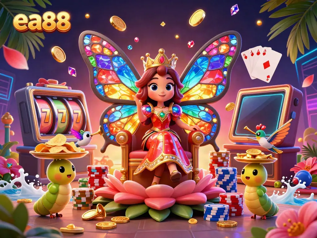 Experience exciting gaming adventures at ea88 with a vibrant scene depicting a butterfly queen surrounded by casino elements.