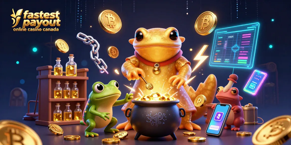 Experience the fastest payout online casino Canada with this vibrant illustration showcasing a golden salamander alchemist and dynamic crypto elements.