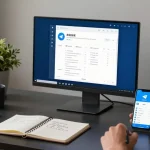 Adjusting Telegram Chinese settings on a modern desktop workspace with tech gadgets and notes.