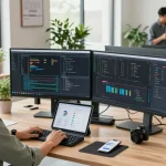 Dynamic tech workspace showcasing a developer at work analyzing software on multiple screens at the WPS Official Website.