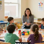 Engaging ABA services Burlington session with children learning in a bright classroom.